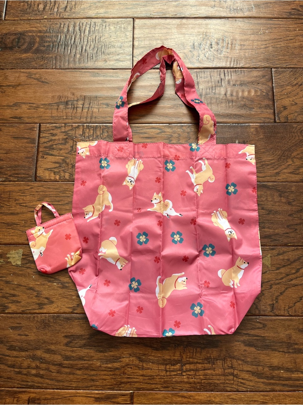 Pink Reusable Tote Bag with Shiba Inu Print